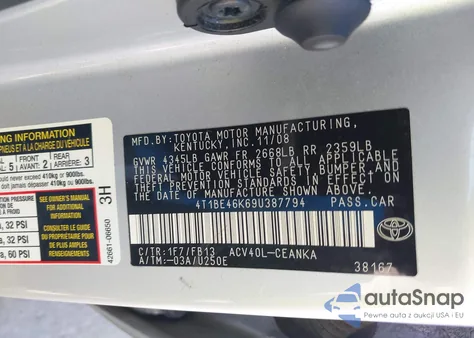 2009 Toyota Camry Le z USA, uszkodzony, nr VIN 4T1BE46K69U387794